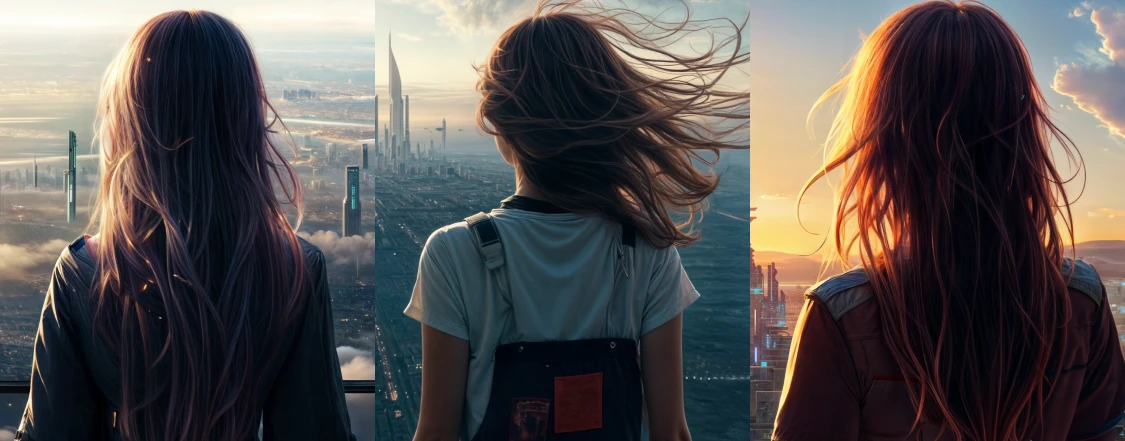 背を向けた3人の若い女性がそれぞれ異なる都市風景を見下ろしている画像